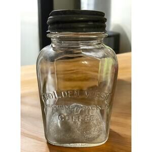 Vintage Coffee Glass Jar Golden West Square Shape Embossed Antique